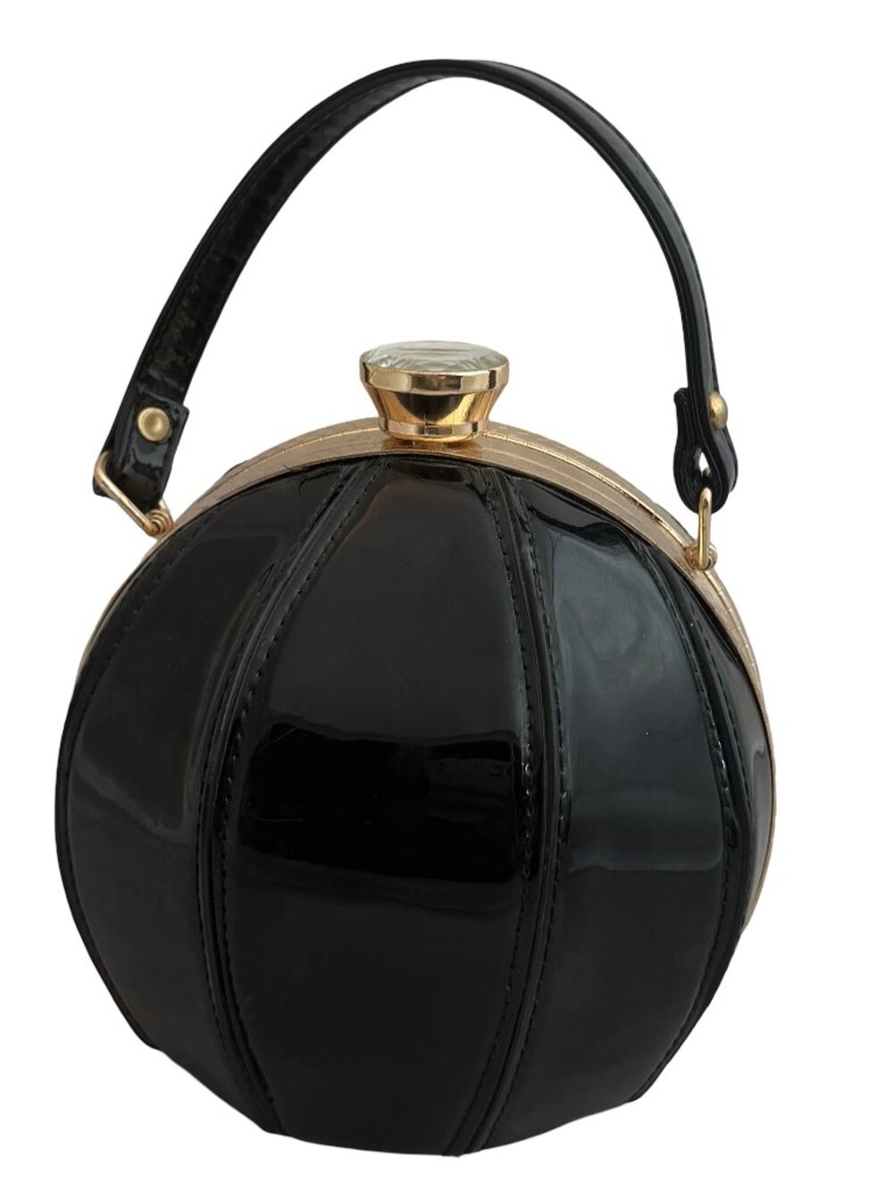 Vintage Black Patent Sphere Ball Handbag Purse Jewel Clasp Kiss One Size Women's